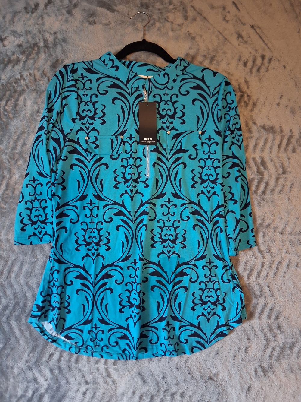 Bepei Top Womens Large Turquoise Navy Zip Tunic Rivet Pocket 3/4 Sleeve